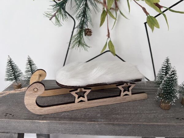 Wooden Sledge Hanging Decoration With Cream Faux Fur