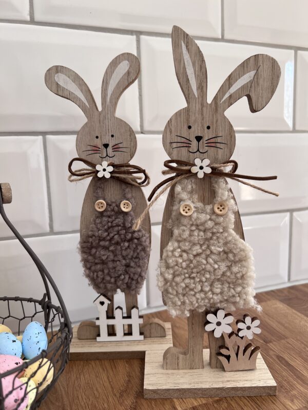 Wooden Standing Rabbits With Fluffy Clothes