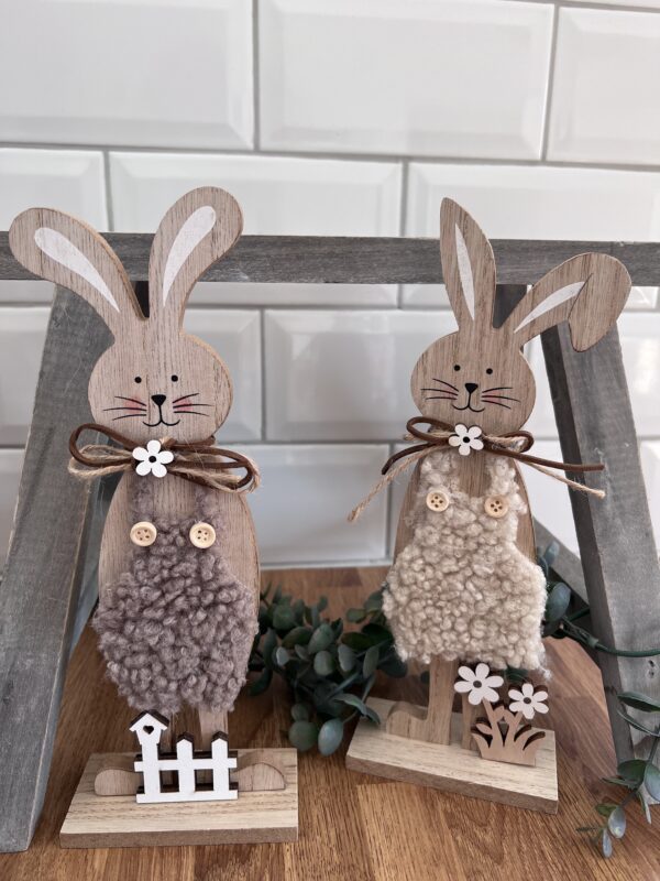 Wooden Standing Rabbits With Fluffy Clothes x2